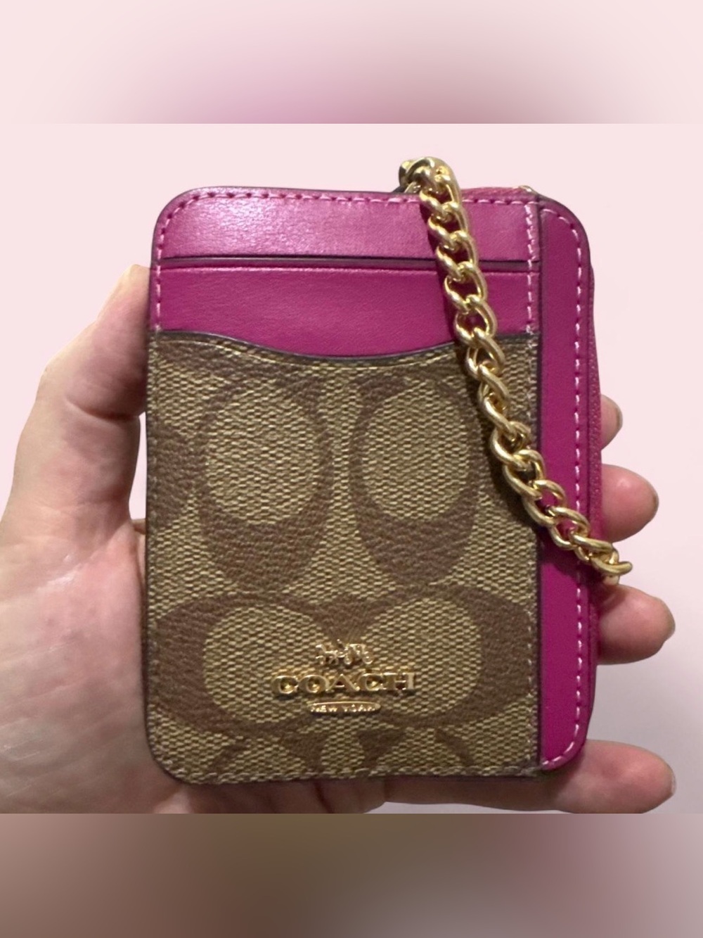 Coach Signature Canvas Card Holder Wallet with Hot Pink Trim and Gold Chain